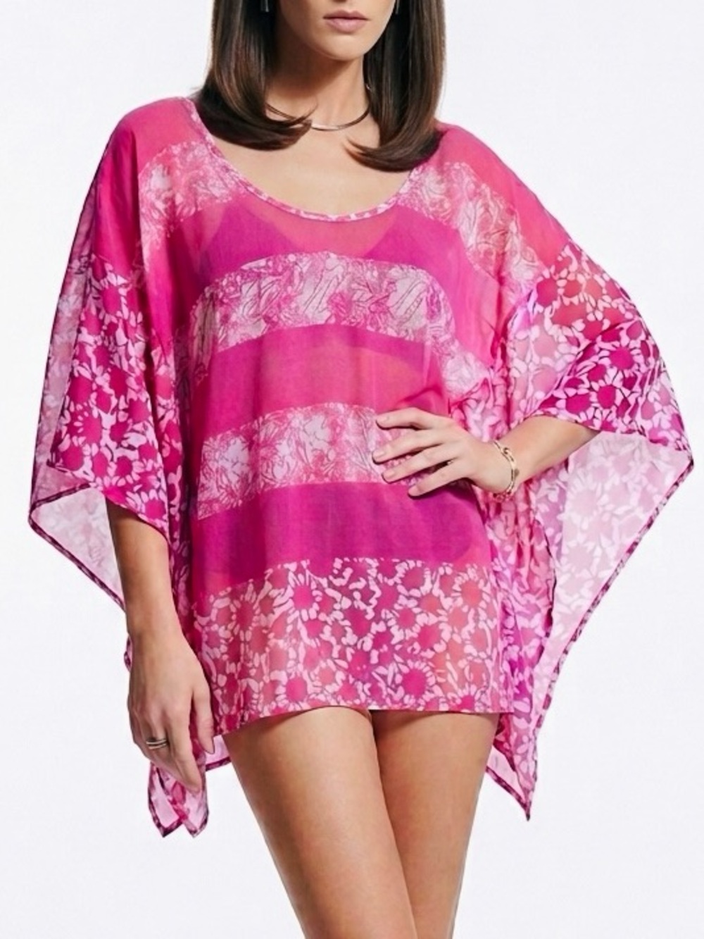 MICHAEL KORS Hot Pink Tie Dye Stripe Sheer Swim Cover-Up or Tunic Top